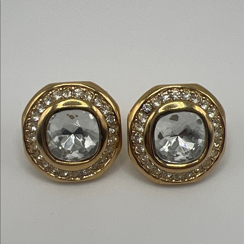 Rare Posts Earrings Signed Trifari Faux Diamond Crystal Gold Tone Vintage